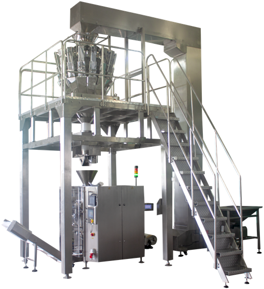 Vertical form fill seal machine with multihead weigher
